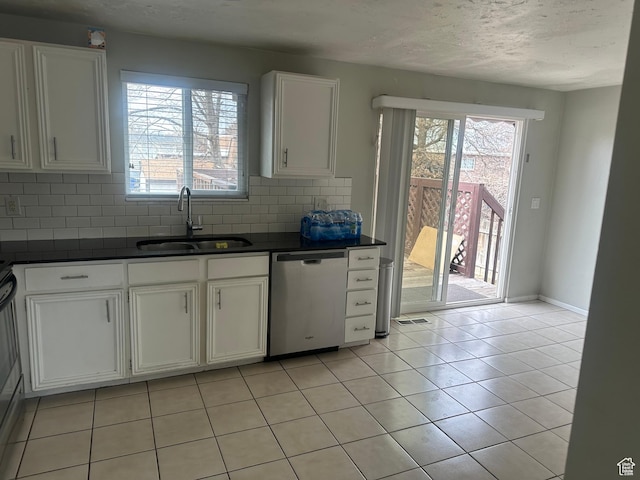 4584 S Knightsbridge Rd, Taylorsville, UT 84129 - kitchen with dark countertops, a sink, dishwasher, backsplash, and visible vents