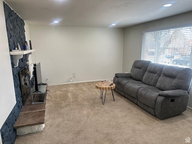 4584 S Knightsbridge Rd, Taylorsville, UT 84129 - carpeted living room with recessed lighting and a stone fireplace