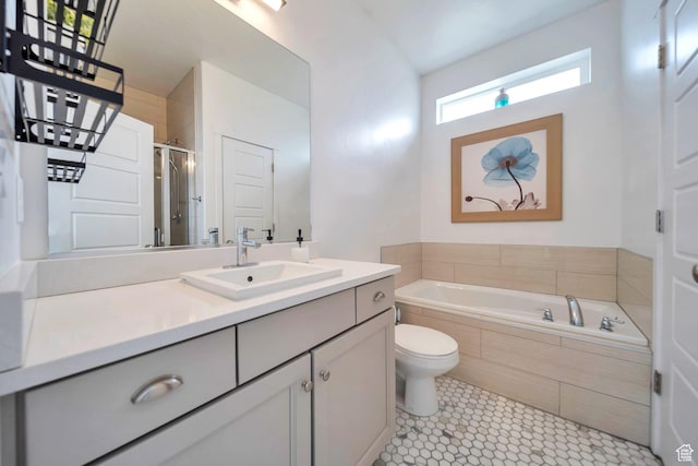 bathroom with a garden tub, vanity, a stall shower, and toilet