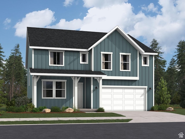 modern farmhouse with concrete driveway, an attached garage, and board and batten siding