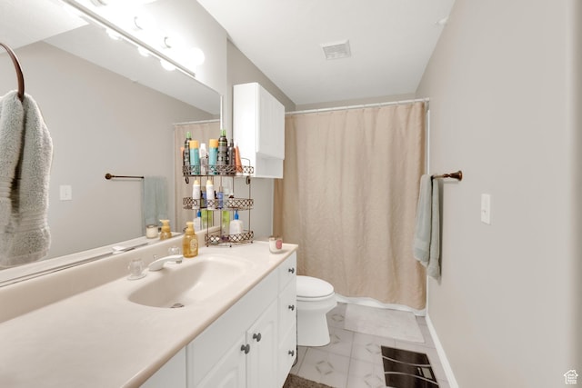 full bath with vanity, curtained shower, marble finish floor, toilet, and visible vents