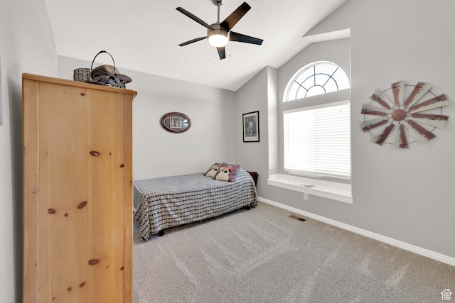 bedroom featuring high vaulted ceiling, ceiling fan, baseboards, carpet flooring, and visible vents