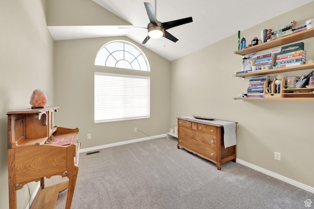 sitting room featuring a ceiling fan, baseboards, lofted ceiling, carpet flooring, and visible vents