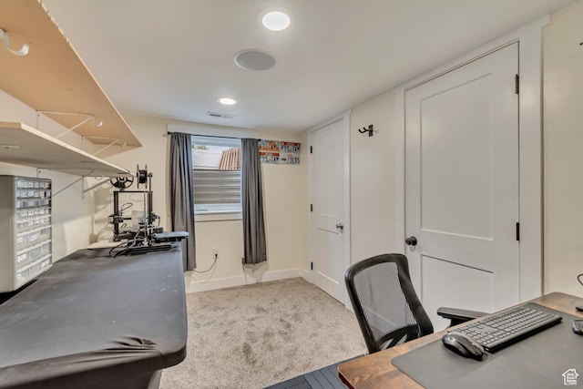 home office with carpet floors, visible vents, and baseboards