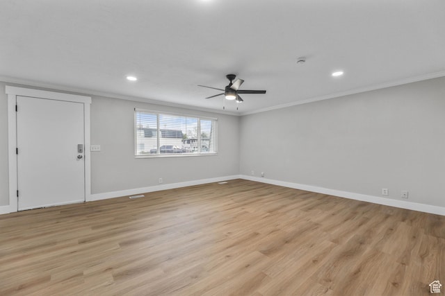 1210 W 4365 S Unit 3A, Taylorsville, UT 84123 - unfurnished living room with crown molding, light wood-style flooring, a ceiling fan, and recessed lighting