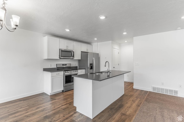 kitchen with stainless steel appliances, visible vents, a sink, and dark countertops