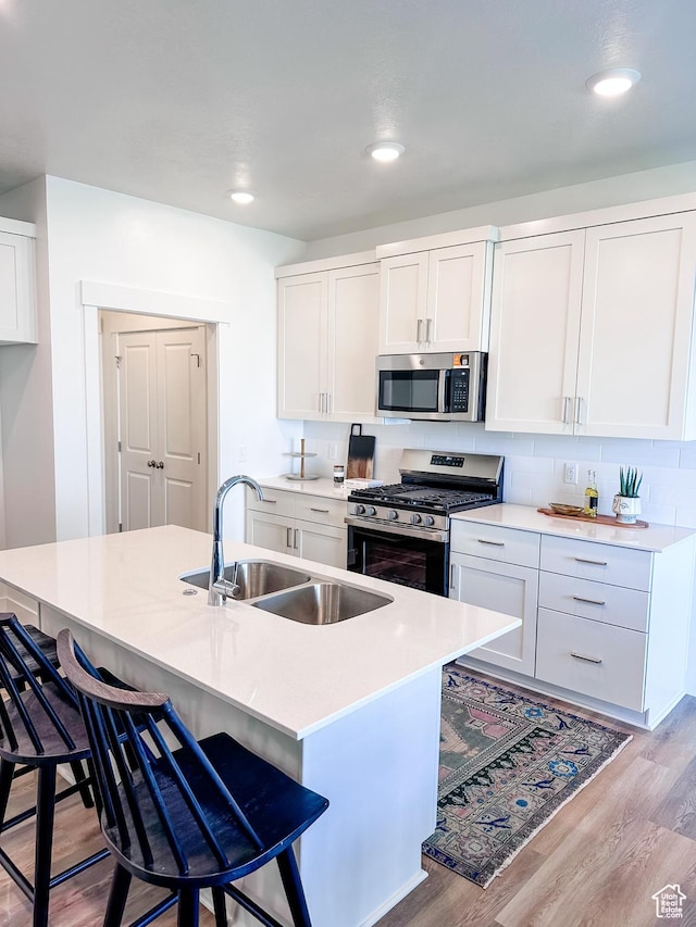 627 W 575 N Unit 545, Smithfield, UT 84335 - kitchen with a kitchen breakfast bar, a sink, stainless steel appliances, light wood finished floors, and light countertops