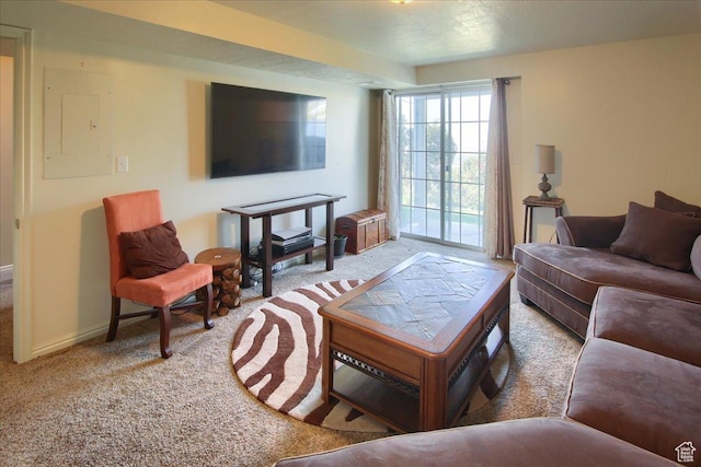 living area with carpet, electric panel, and baseboards