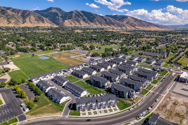 aerial view featuring a mountain view and a residential view