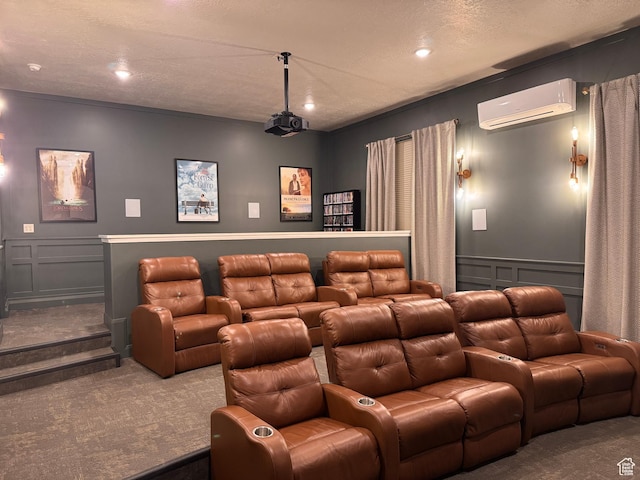 cinema room with a wainscoted wall, carpet flooring, recessed lighting, a decorative wall, and a wall mounted AC