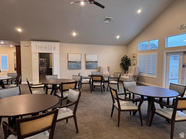 dining room with vaulted ceiling, baseboards, visible vents, recessed lighting, and dark carpet