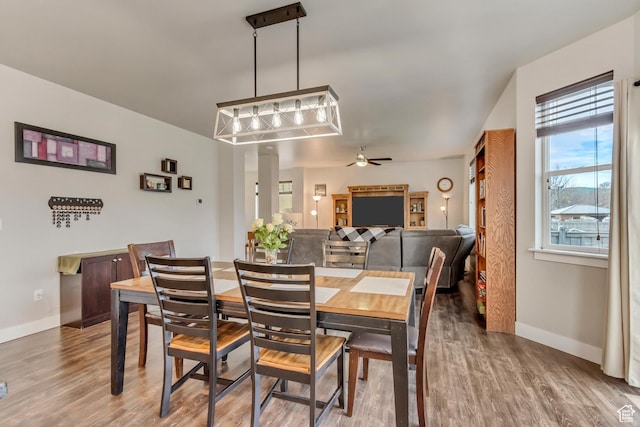 8459 N Western Gailes Dr, Eagle Mountain, UT 84005 - dining area with ceiling fan, baseboards, and wood finished floors