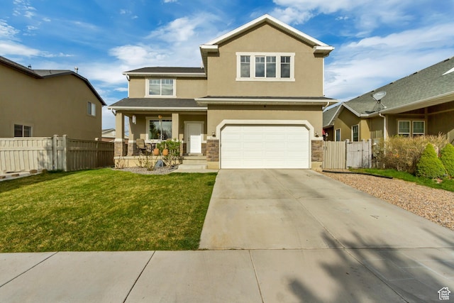 8459 N Western Gailes Dr, Eagle Mountain, UT 84005 - view of front of house featuring stucco siding, a front lawn, fence, and a porch