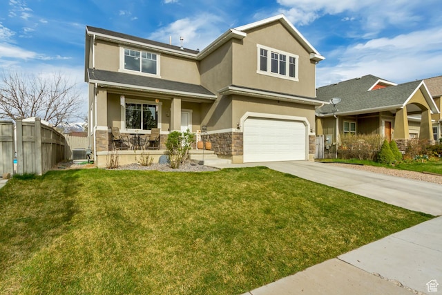 craftsman-style home with fence, stucco siding, an attached garage, covered porch, and stone siding