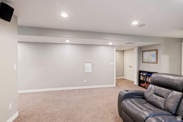 5701 W Emmeline Dr, Herriman, UT 84096 - living room with baseboards, light carpet, visible vents, and recessed lighting