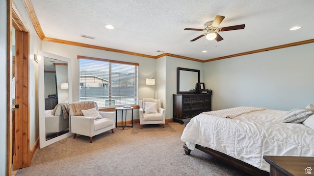 bedroom featuring light carpet, crown molding, and recessed lighting