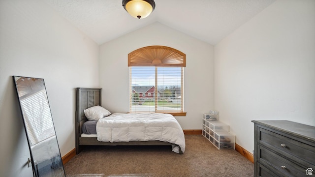 bedroom with lofted ceiling, baseboards, and carpet flooring