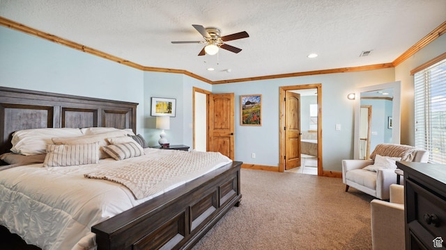 carpeted bedroom with baseboards, crown molding, and a textured ceiling