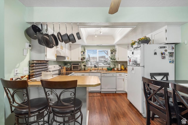 kitchen with dark wood-style floors, under cabinet range hood, a tray ceiling, white appliances, and a peninsula
