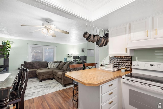 kitchen with white cabinets, under cabinet range hood, white range with electric stovetop, backsplash, and wood finished floors