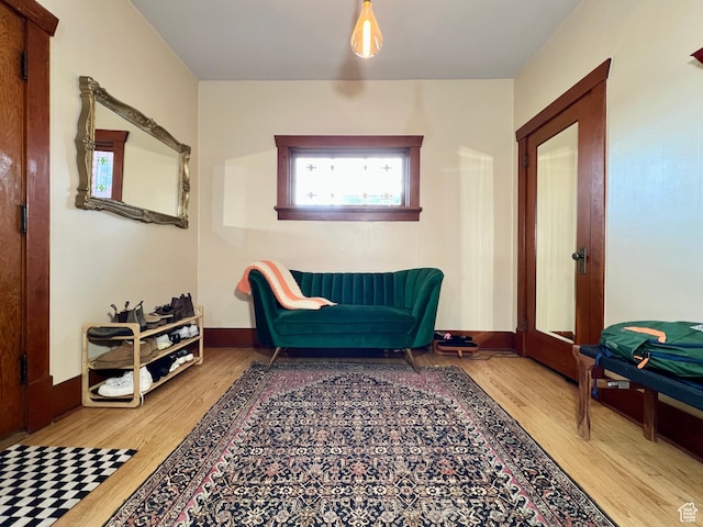 living area featuring baseboards, wood finished floors, and a healthy amount of sunlight