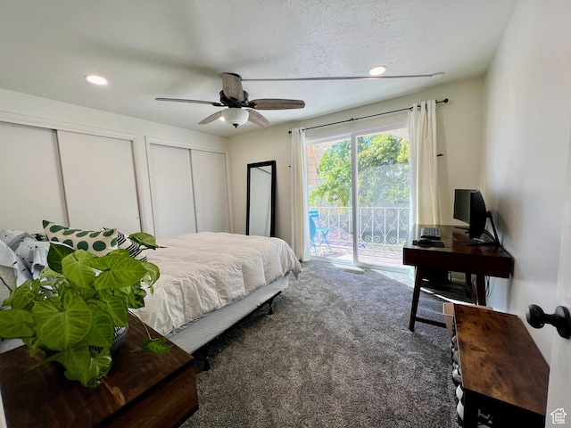 carpeted bedroom featuring recessed lighting, access to exterior, a ceiling fan, and multiple closets