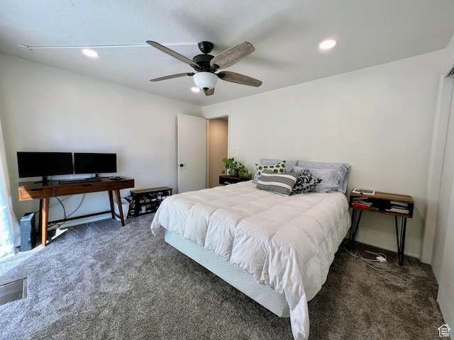 carpeted bedroom with baseboards, visible vents, recessed lighting, and ceiling fan
