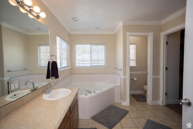 7532 N Castle Rock Rd E, Eagle Mountain, UT 84005 - bathroom with a bath, tile patterned floors, crown molding, and toilet