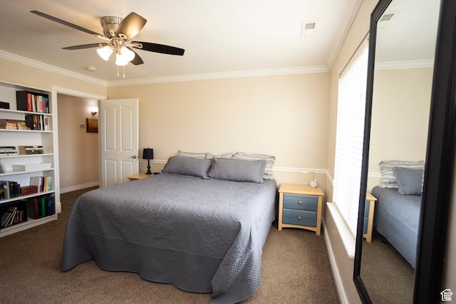 7532 N Castle Rock Rd E, Eagle Mountain, UT 84005 - carpeted bedroom with baseboards, visible vents, ceiling fan, and crown molding