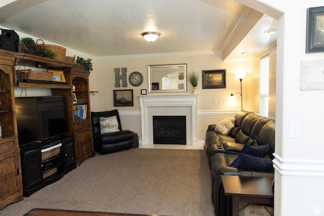7532 N Castle Rock Rd E, Eagle Mountain, UT 84005 - carpeted living room with a fireplace with flush hearth, arched walkways, and crown molding