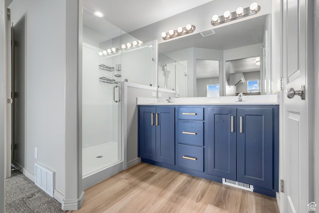 bathroom with double vanity, visible vents, a stall shower, and a sink