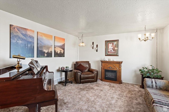 214 N Mountain Rd, Fruit Heights, UT 84037 - carpeted living room with baseboards, a notable chandelier, a textured ceiling, and a fireplace