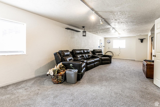 carpeted living room featuring rail lighting, baseboards, and a textured ceiling