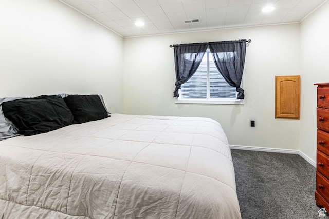 carpeted bedroom with recessed lighting, visible vents, and baseboards