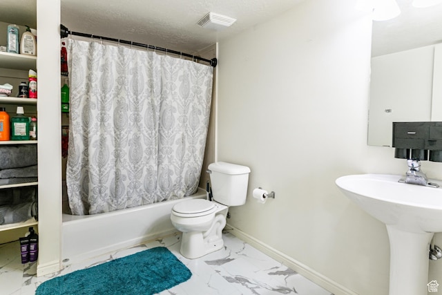 bathroom featuring visible vents, marble finish floor, shower / bath combo with shower curtain, and toilet