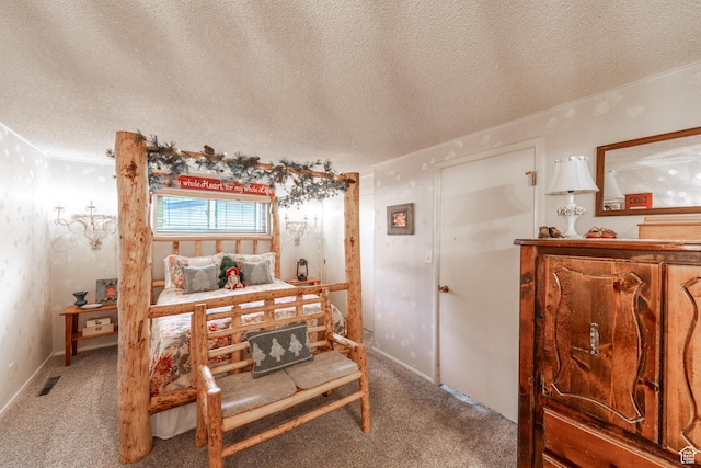 carpeted bedroom featuring a textured ceiling, baseboards, and visible vents