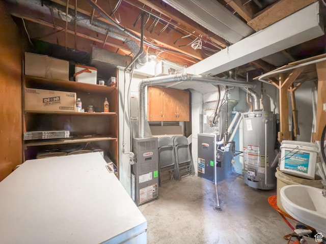 unfinished basement featuring heating unit and gas water heater