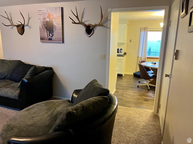 440 S 400 W, Preston, ID 83263 - carpeted living room with wood finished floors and baseboards
