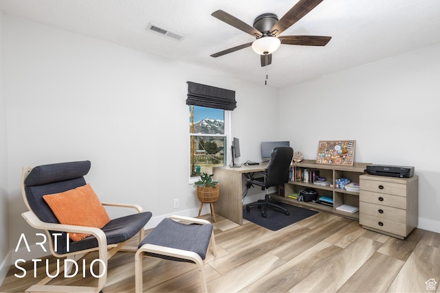 3116 N River Dr E, Eden, UT 84310 - home office with light wood-style flooring, visible vents, a ceiling fan, and baseboards