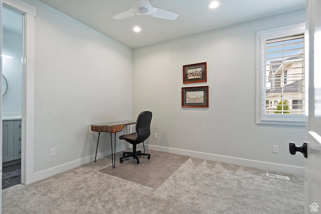 office area with ceiling fan, recessed lighting, visible vents, and carpet