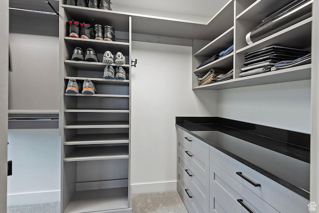 walk in closet with carpet flooring