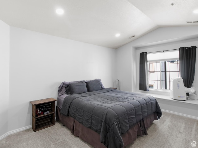 6939 S Tourist Ln W Unit 2C, West Jordan, UT 84084 - carpeted bedroom with baseboards, vaulted ceiling, visible vents, and recessed lighting