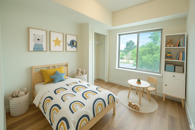 bedroom with wood finished floors, multiple windows, and a closet