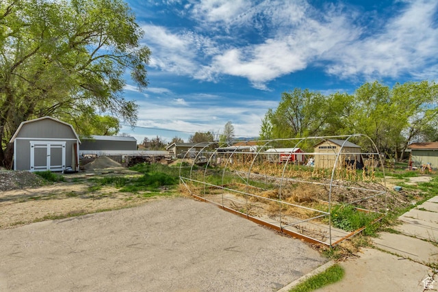 view of yard with a storage unit, an outdoor structure, and a garden