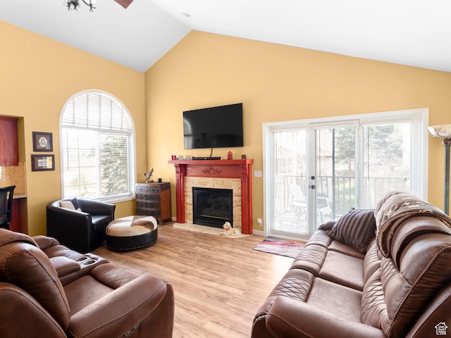 1004 Uri Ln, Midway, UT 84049 - living area featuring high vaulted ceiling, wood finished floors, and a fireplace