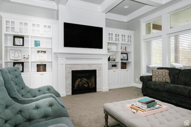 535 N Pheasant Hollow Ln, Mendon, UT 84325 - carpeted living room with beam ceiling, baseboards, a fireplace, and crown molding