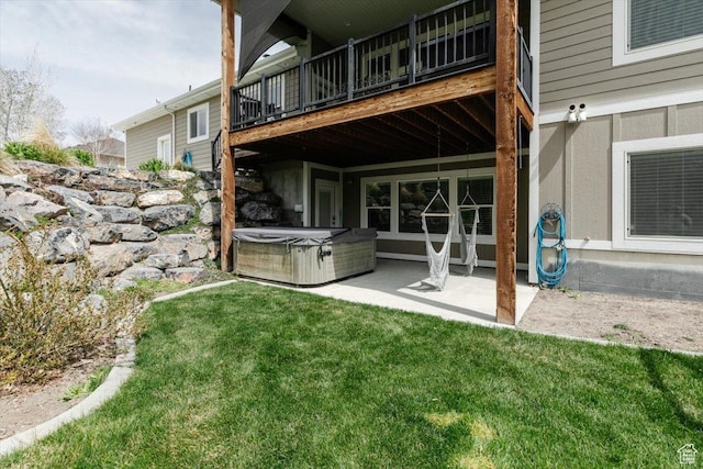 535 N Pheasant Hollow Ln, Mendon, UT 84325 - rear view of house with a patio area, a yard, and a hot tub