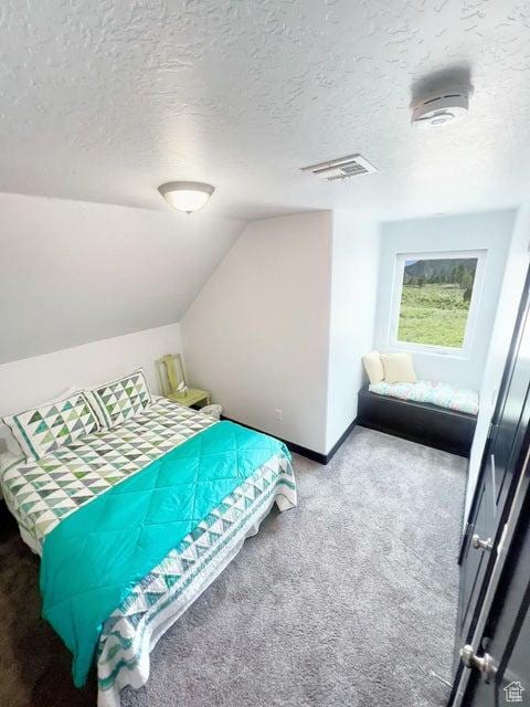 174 S 200 E, Pine Valley, UT 84781 - bedroom featuring a textured ceiling, carpet floors, baseboards, lofted ceiling, and visible vents