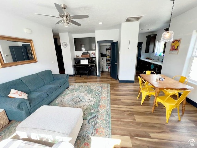 174 S 200 E, Pine Valley, UT 84781 - living room with baseboards, visible vents, recessed lighting, wood finished floors, and ceiling fan