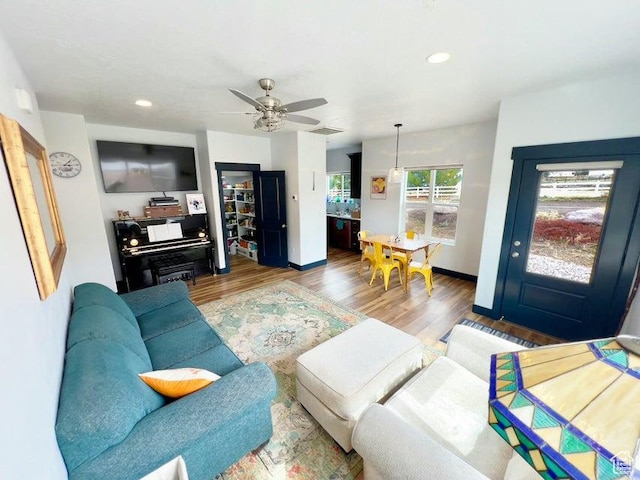174 S 200 E, Pine Valley, UT 84781 - living room with wood finished floors, visible vents, baseboards, and ceiling fan